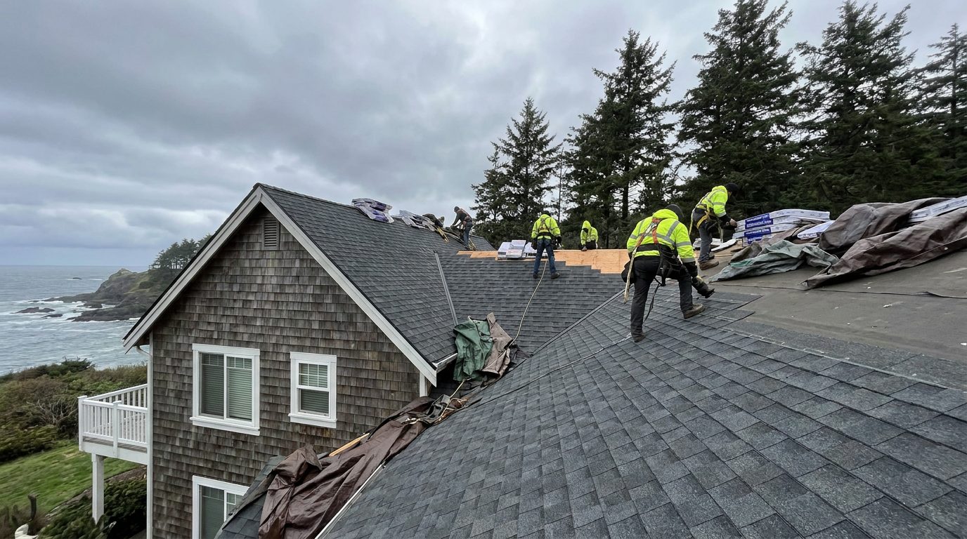 Roofing work on Pacific Northwest home